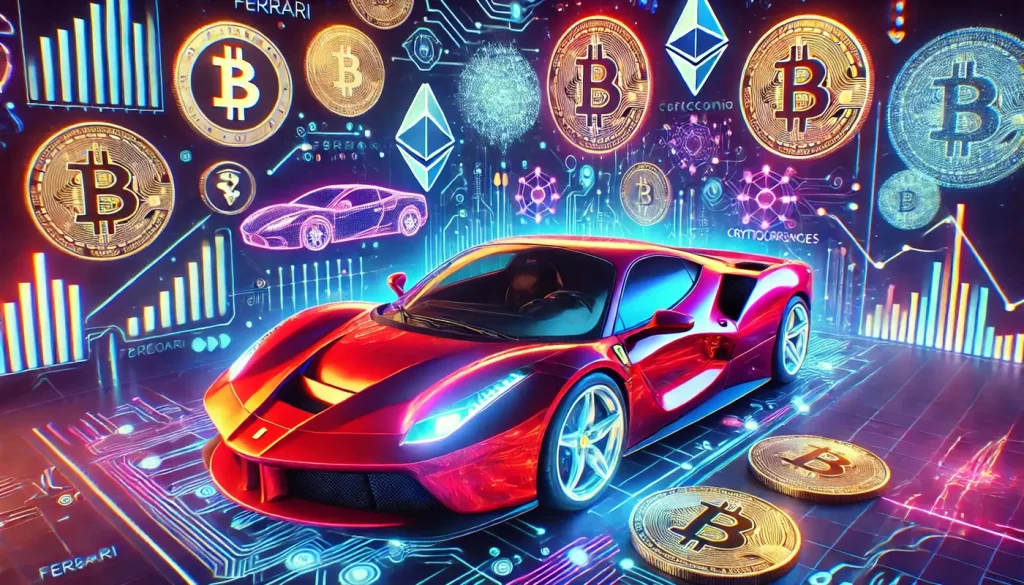 Uma ferrari vermelha em um cenário tecnológico com elementos de criptomoedas