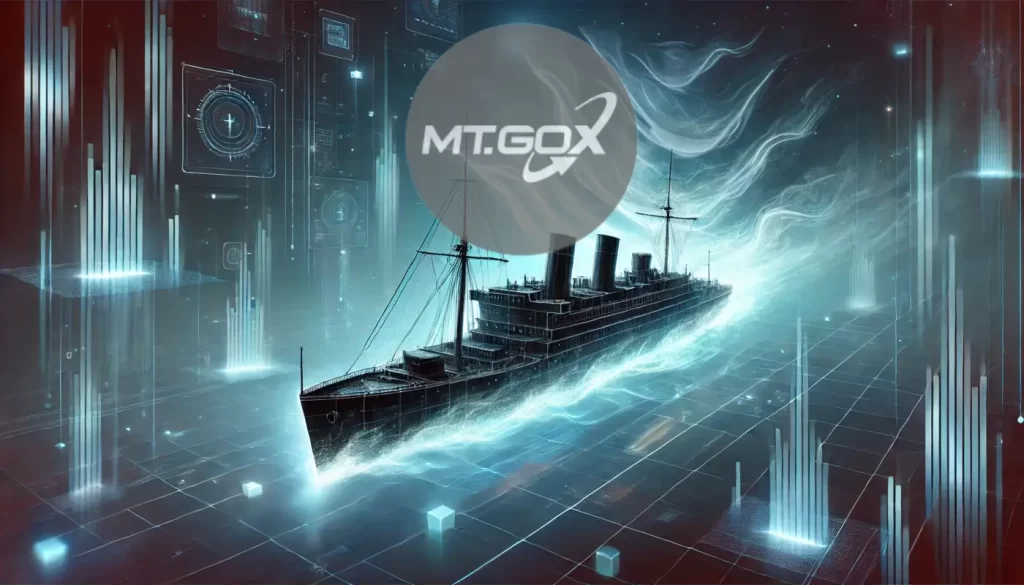 Um navio fantasma em um cenário tecnológico e o logo da Mt Gox a cima.