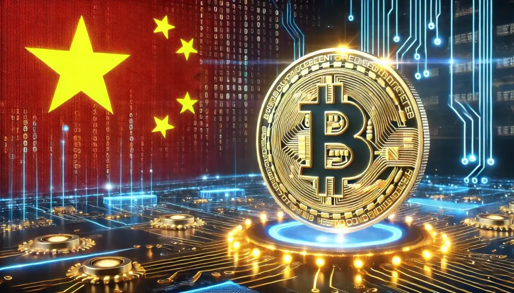 Uma moeda de Bitcoin em um cenário tecnológico de circuitos computacionais com a bandeira da China ao fundo.