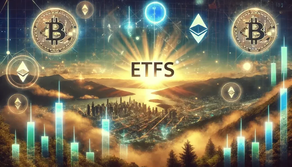 "ETFs" de Bitcoin ganhando força e brilhando fortemente no céu, em um cenário tecnológico com elementos de criptomoedas