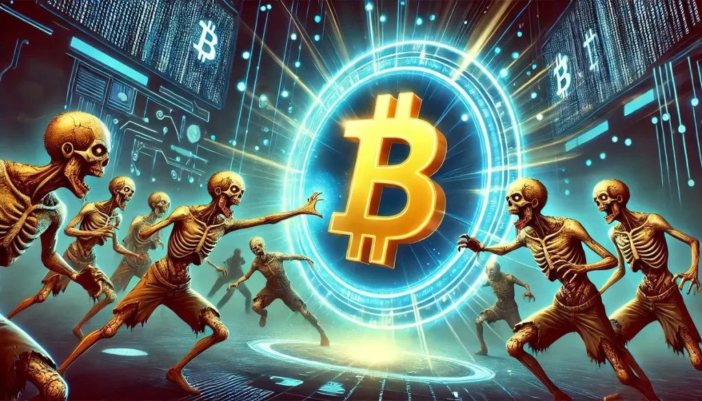 Uma moeda de bitcoin brilhando forte, expulsando zumbis que o atacavam.