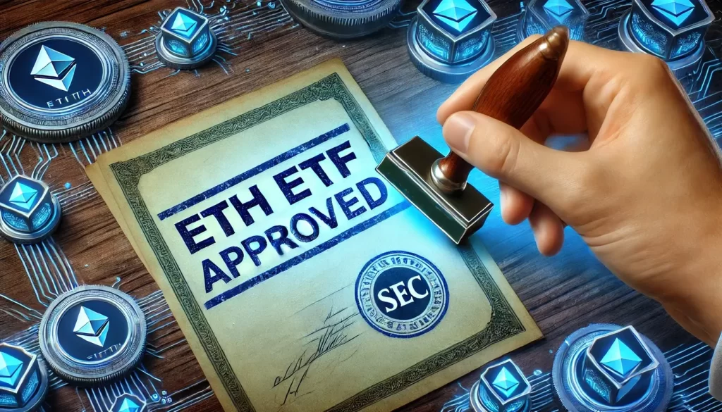 Uma nota escrita ETF ETH sendo carimbada como aprovada pela SEC, em um cenário de tecnologia