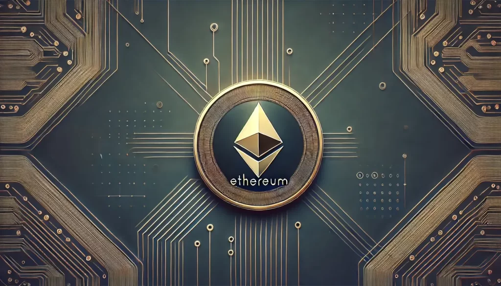 Uma moeda de Ethereum em um cenário tecnológico.