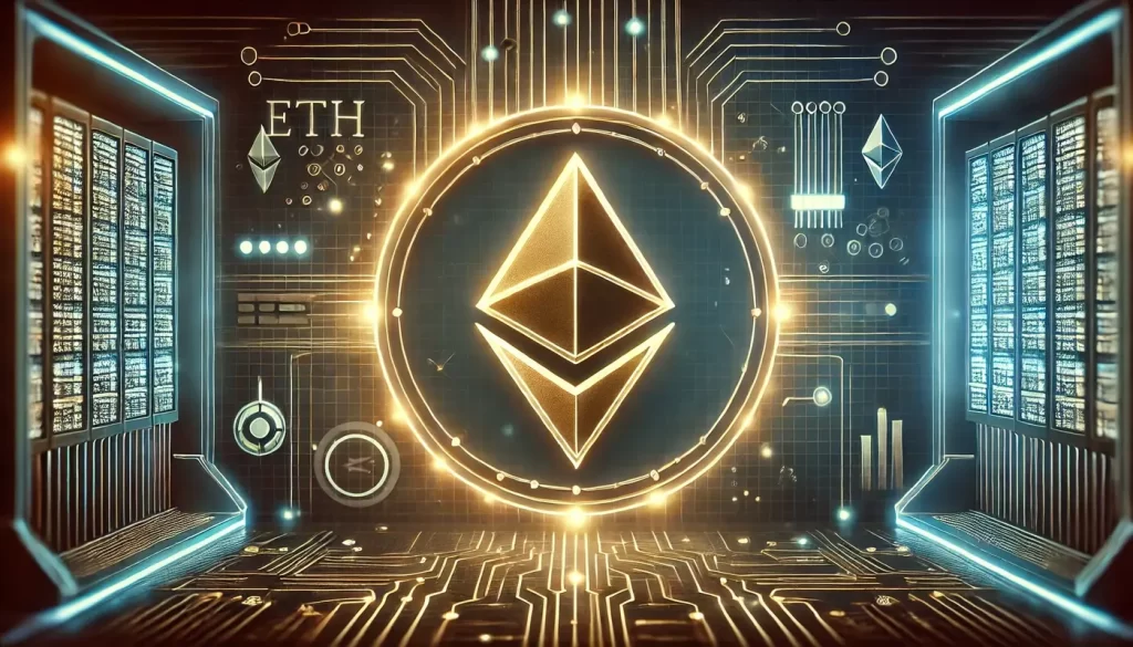 Símbolo do Ethereum em um cenário tecnológico de placas de circúitos.