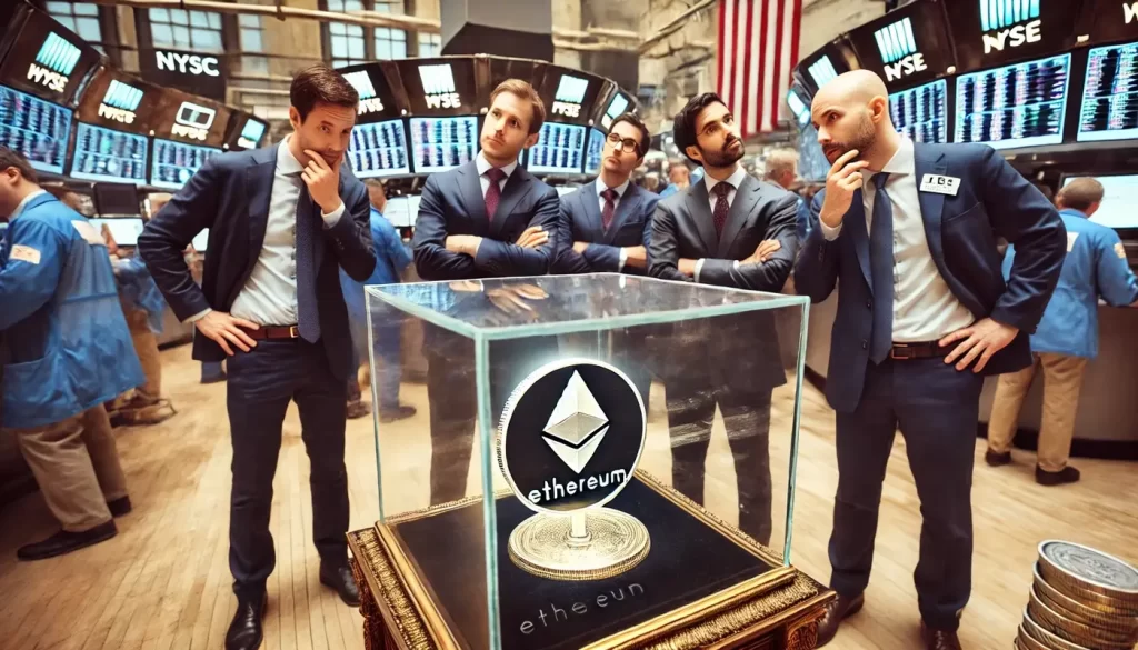 Uma moeda de Ethereum brilhando reluzente em um expositor de vidro no meio de uma sala de negociação de Wall Street. Executivos de terno observam curiosos e com dúvidas para ela.