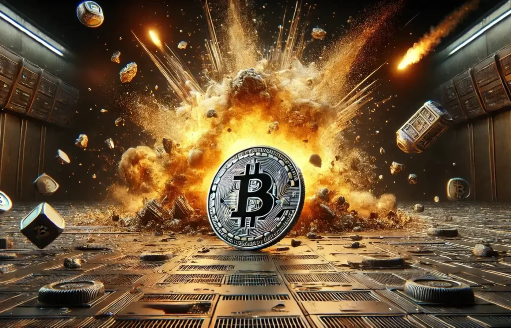 Uma moeda de Bitcoin permanecendo intacta apesar de tudo estar explodindo ao seu redor