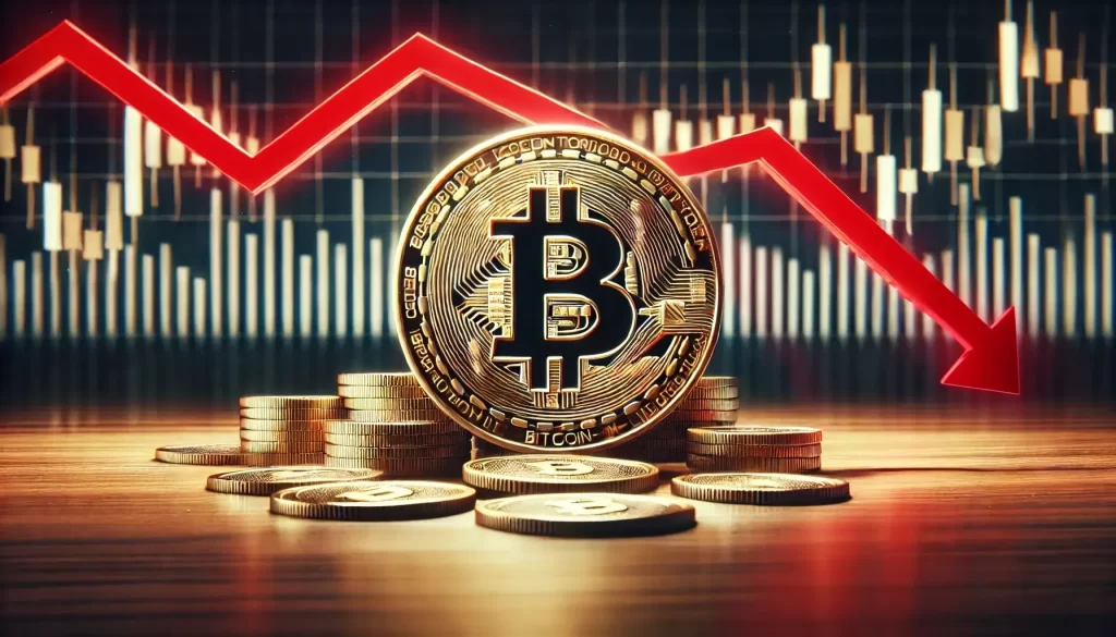 O símbolo Bitcoin com um gráfico de negociação vermelho voltado para baixo no fundo