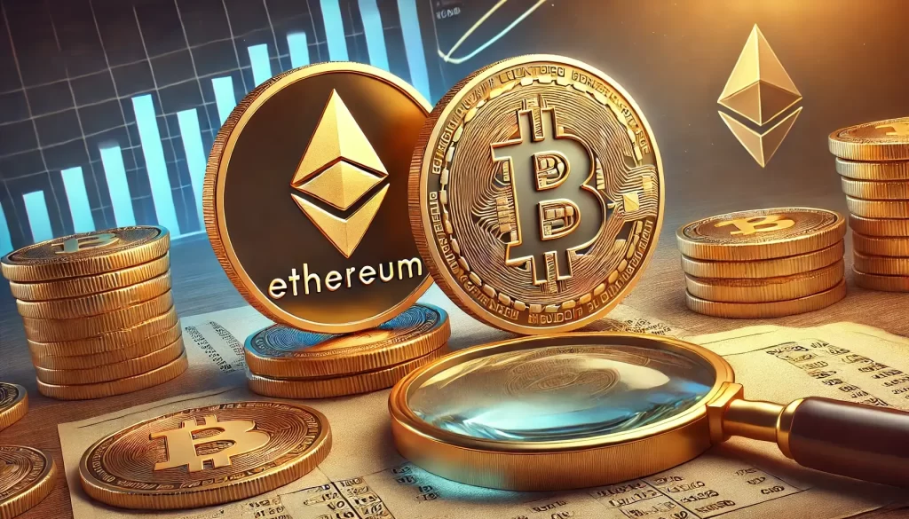 Moedas de Bitcoin e Ethereum sendo analisadas em um estilo realsita