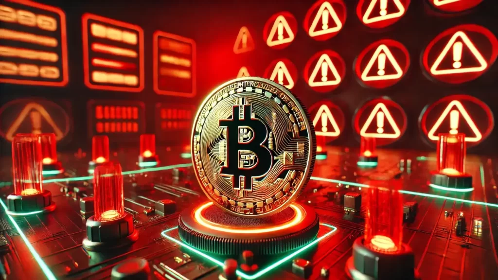 Uma moeda de bitcoin em um cenário de alerta com luzes vermelhas