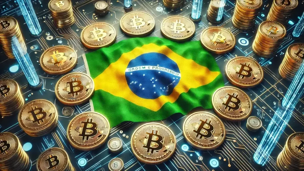 A bandeira do Brasil com moedas de bitcoin ao redor no cenário tecnológico