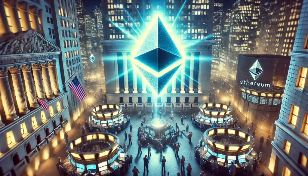 O símbolo do Ethereum brilhando no alto e chamando a atenção dos negociadores em Wall Street