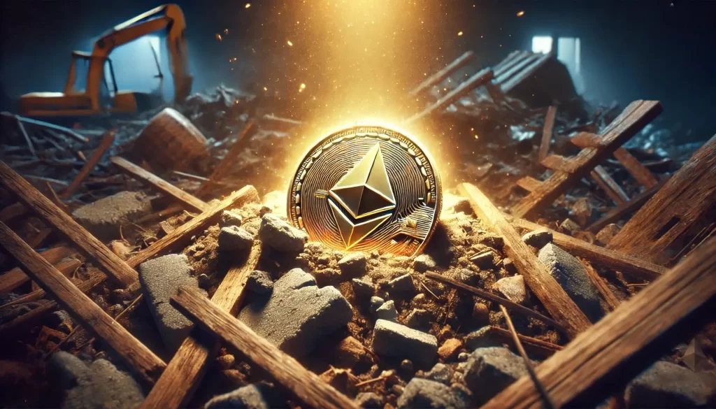 Uma moeda de Ethereum brilhando intacta em meio aos escombros