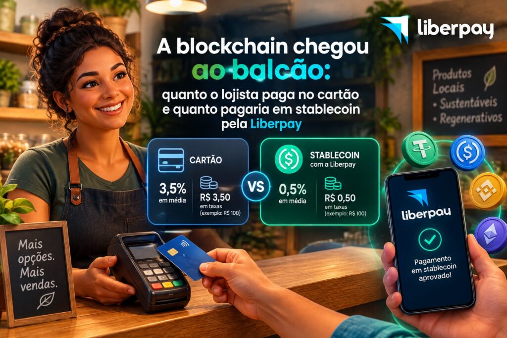 A blockchain chegou ao balcão: quanto o lojista paga no cartão e quanto pagaria em stablecoin pela Liberpay liberpay no balcão